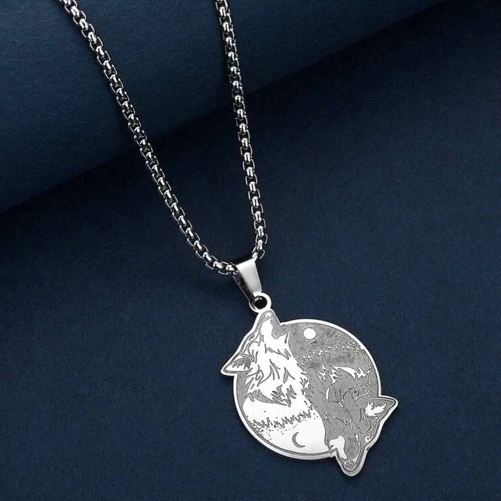 Yin Yang Wolf- Howl Night Day Light Dark Sun Moon Wildlife Silver Steel Necklace - Picture 2 of 4